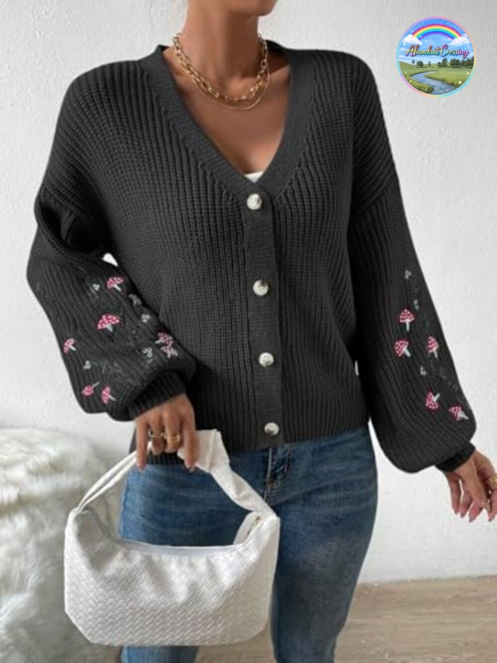 Embroidery Drop Shoulder Button Front Duster Knit Cardigan - Picture 5 of 5